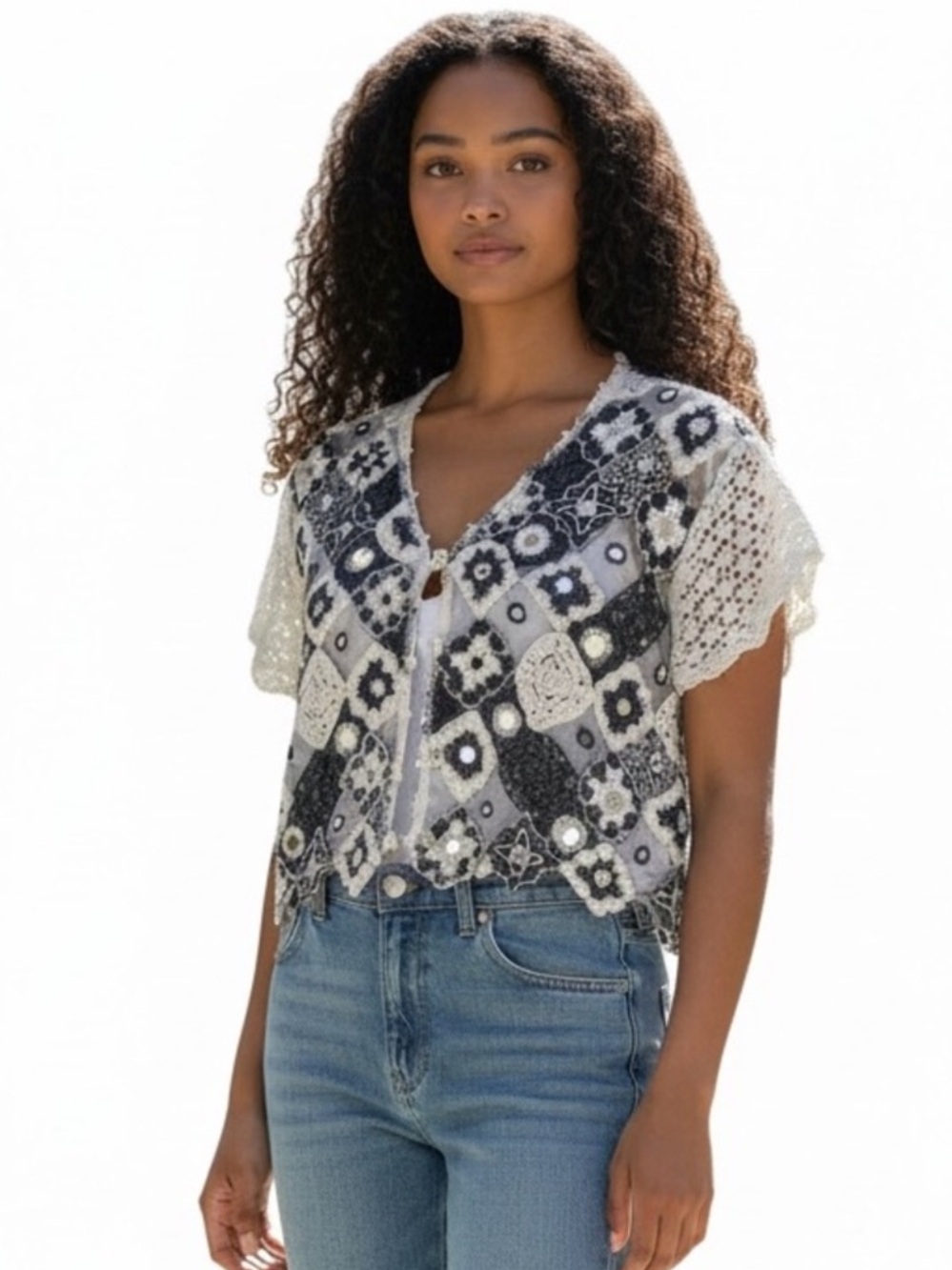 Sandy Starkman NWOT Vintage Floral Crochet Mirror Cardigan Sweater Sise S